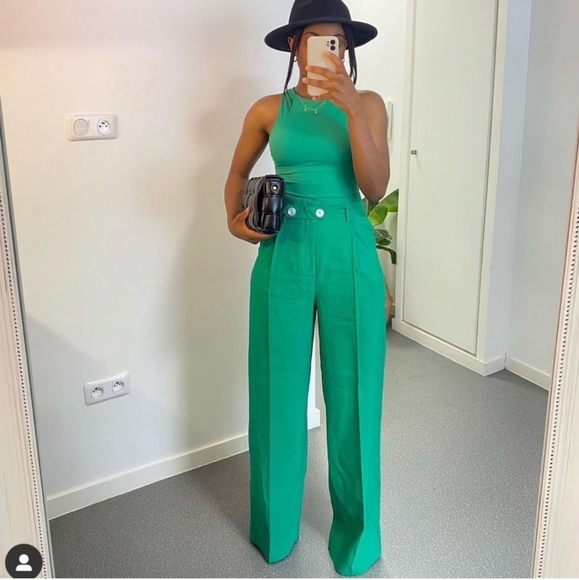 Zara* belted wide leg green pants bloggers fav - Picture 8 of 15